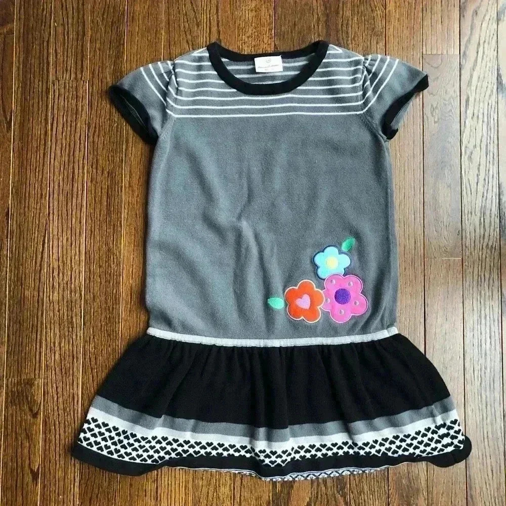 Hanna Andersson Girls 8 Black/Gray Cotton Knit Short-Sleeve Floral Sweater Dress